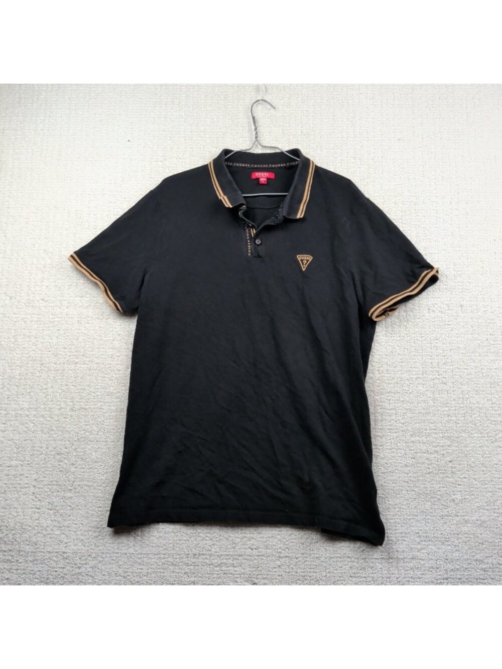 Guess Polo Shirt Men Sz XL Black w/ Brown Striped Cuff Preppy Academia Golf